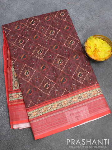 Bhagalpuri saree coffee brown and orange with allover bandhani prints & kantha stitch work and silver zari border