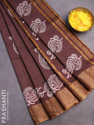 Bhagalpuri saree coffee brown with paisley butta prints and silver zari woven border