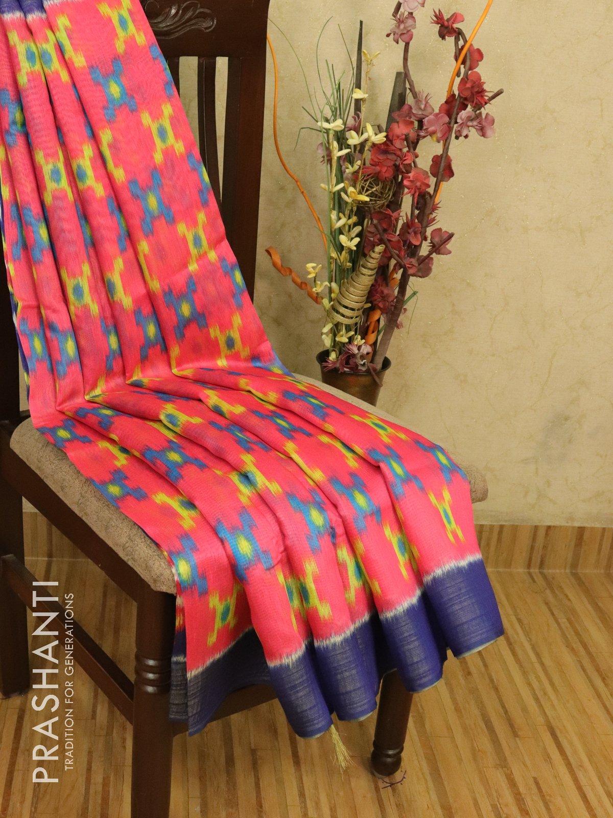 Bhagalpuri saree pink and blue with allover ikat prints and simple zari border - TFR5898
