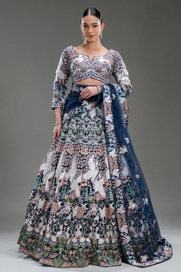 Blue Net Lehenga with White Peacock Motifs & Mixed Jarkan Work | Heavy 4-Side Dupatta