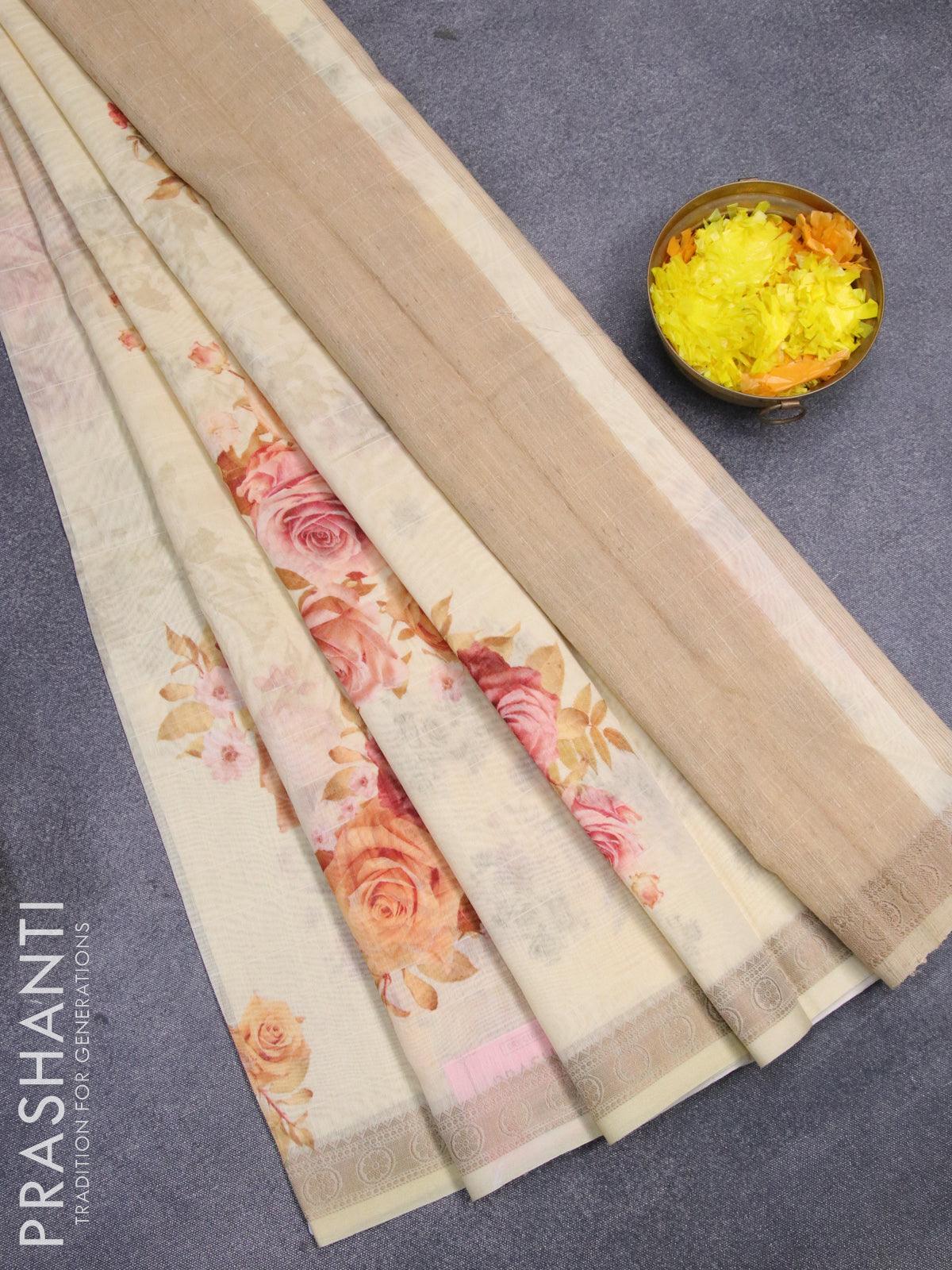 Chanderi silk cotton saree cream with allover digital prints and woven border