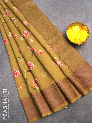 Chanderi silk cotton saree mehendi green with allover floral digital prints and woven border