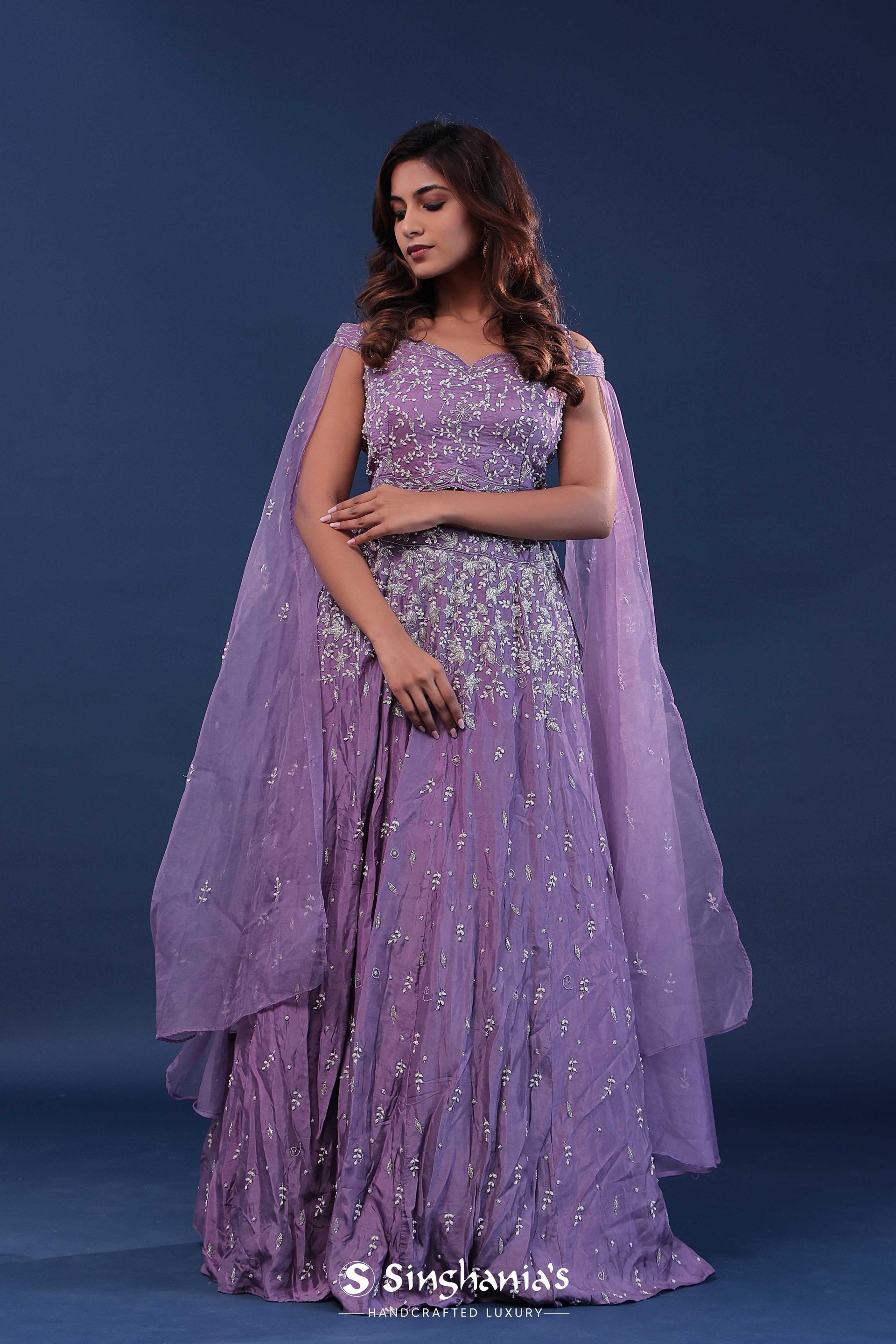 Amethyst Purple Crepe Lehenga Set With Organza Slit