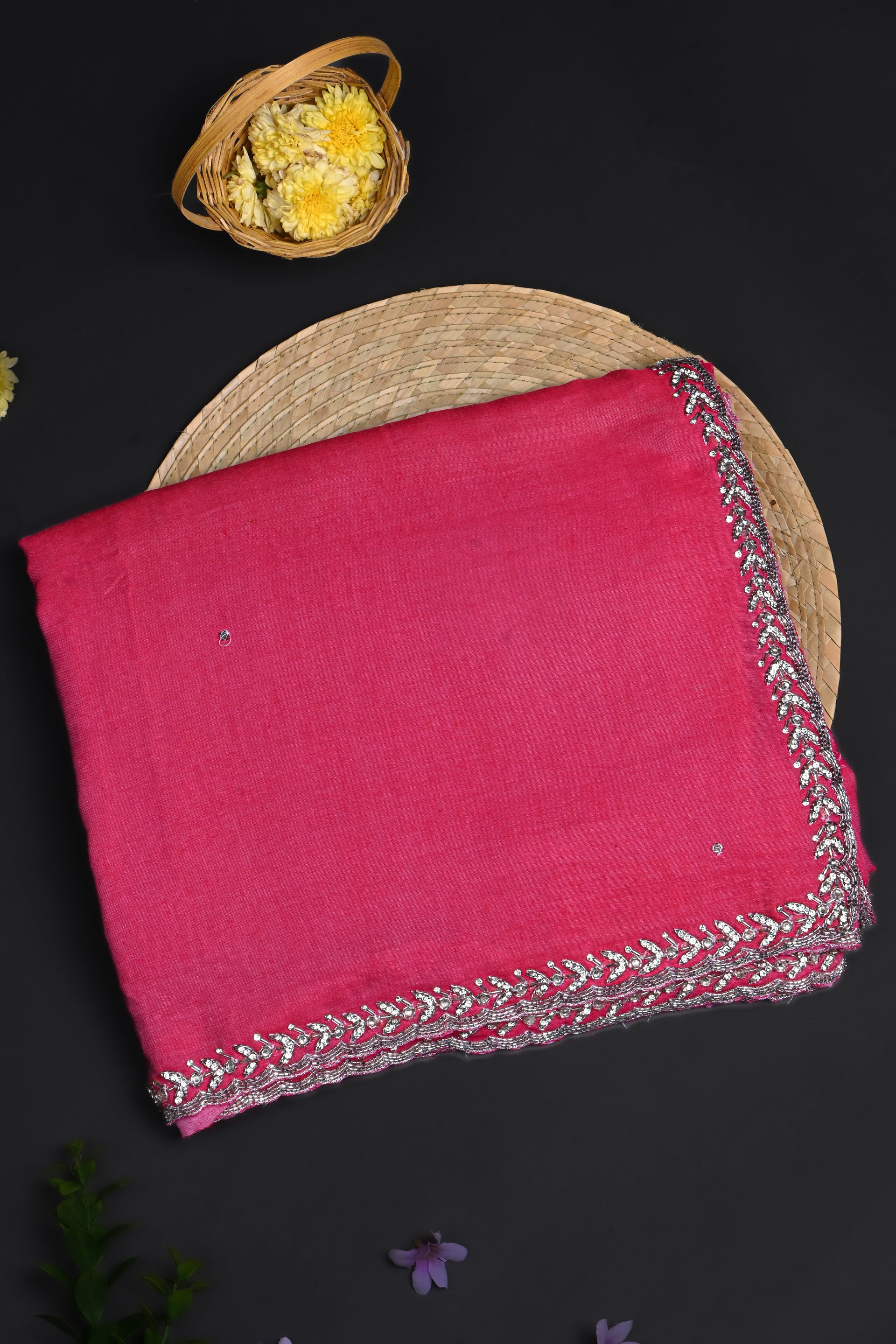 Bright Pink Embroidered Silk Saree