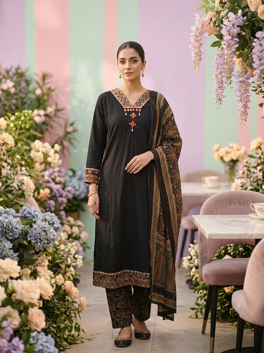 Black Cotton Printed Three Piece Set