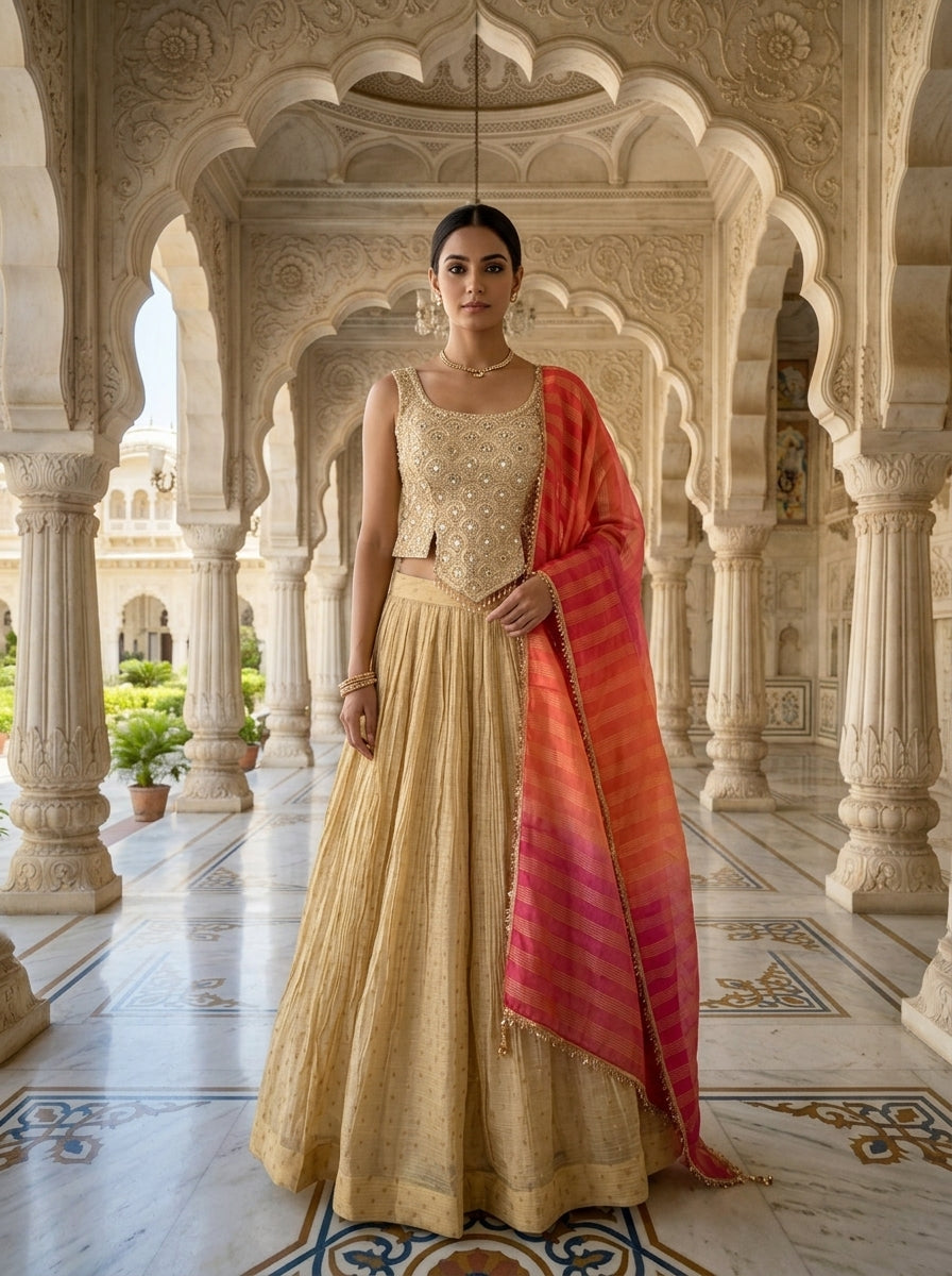 Beige Tissue Zari Embroidery Ghagra Set