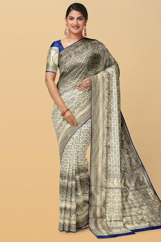 NAVY BLUE and GOLD CHECKS AND BUTTIS SILK BLEND Saree with BANARASI FANCY