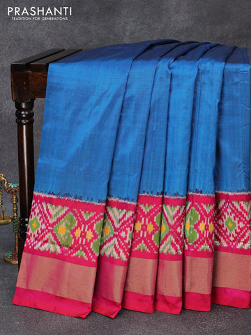 Pochampally silk saree cs blue and pink with plain body and ikat style zari woven border