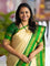 Pure gadwal silk saree beige and bottle green with allover zari checked pattern and temple design zari woven border