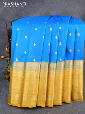 Pure gadwal silk saree light blue and yellow with zari woven buttas and long zari woven border