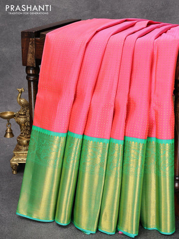 Pure Kanjivaram silk saree candy pink and dual shade of teal blue with allover zari weaves and long zari woven border