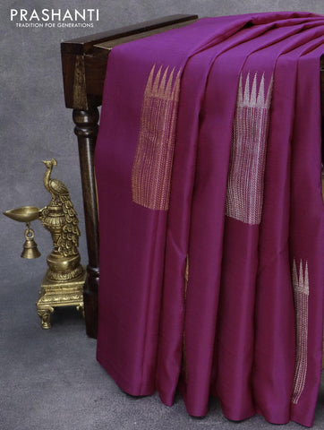 Pure kanjivaram silk saree dark magenta pink with silver & copper zari woven buttas in borderless style