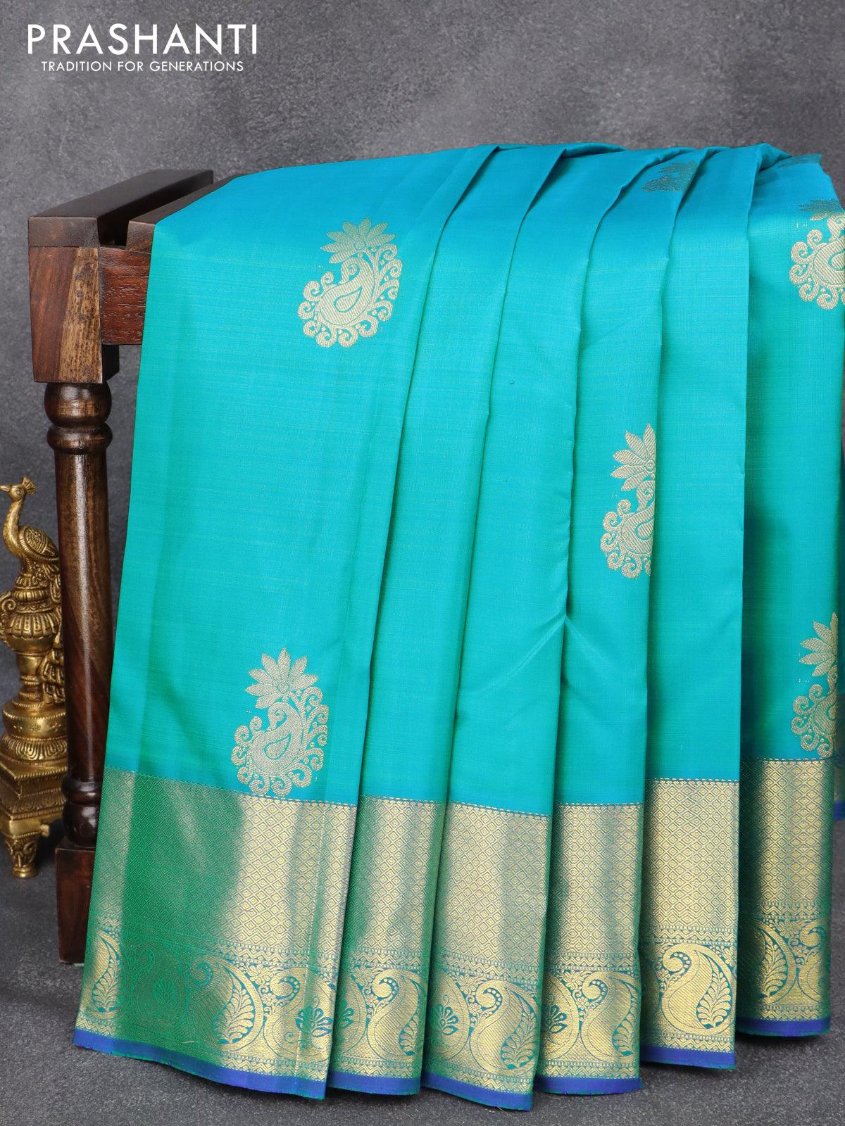 Pure kanjivaram silk saree light blue and blue with zari woven buttas and paisley zari woven border