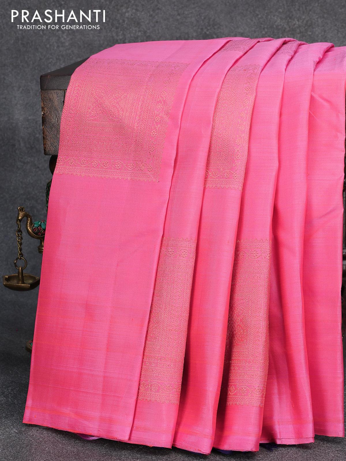 Pure kanjivaram silk saree peach pink and navy blue with zari woven geometric buttas in borderless style