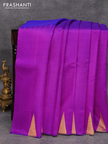 Pure kanjivaram silk saree purple and blue with plain body and temple design zari woven rising border