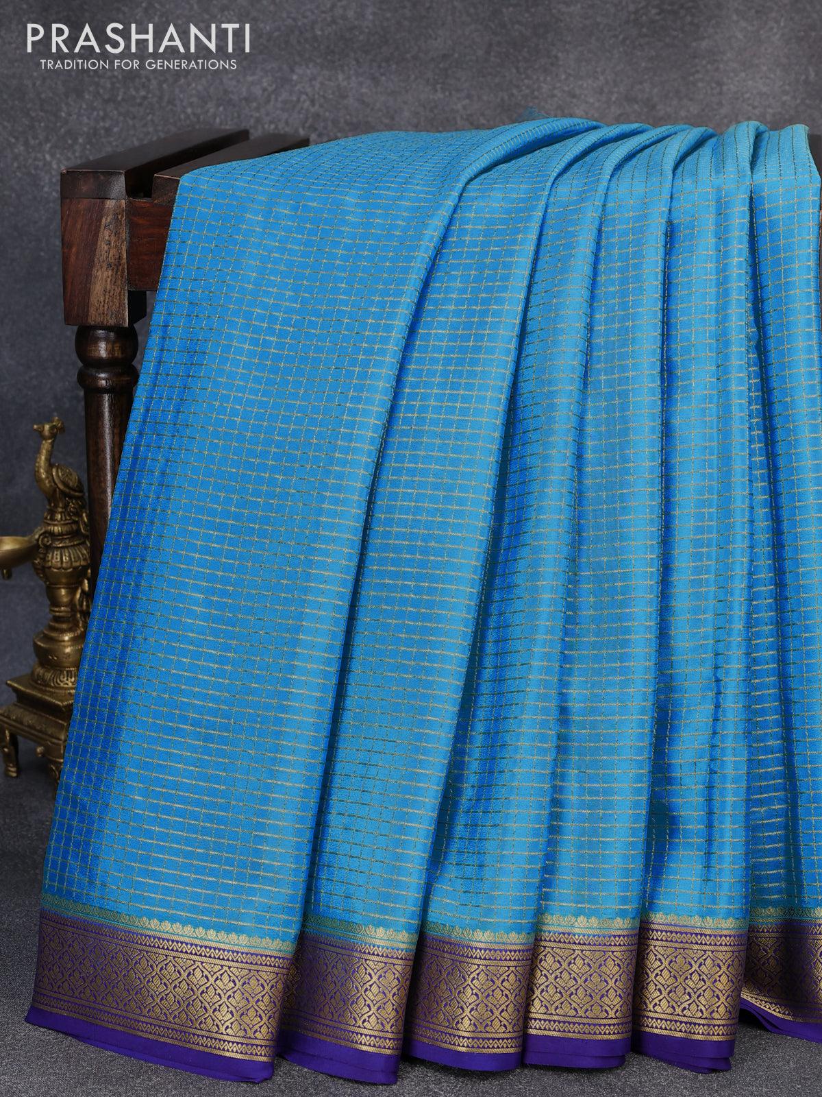 Pure mysore silk saree light blue and blue with allover small zari checked pattern and zari woven border