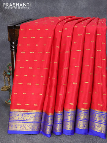 Pure mysore silk saree red and royal blue with allover zari woven buttas and peacock & paisley zari woven border