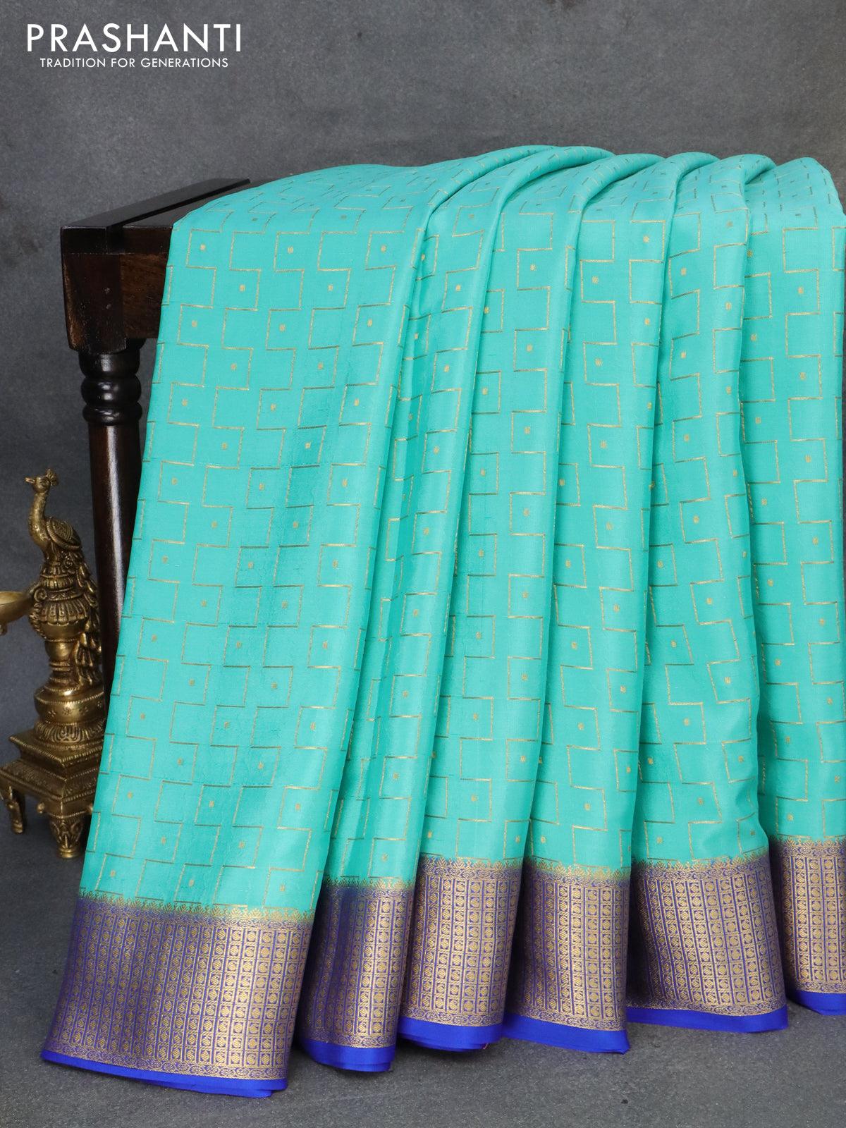 Pure mysore silk saree teal blue and blue with allover zari weaves and zari woven border