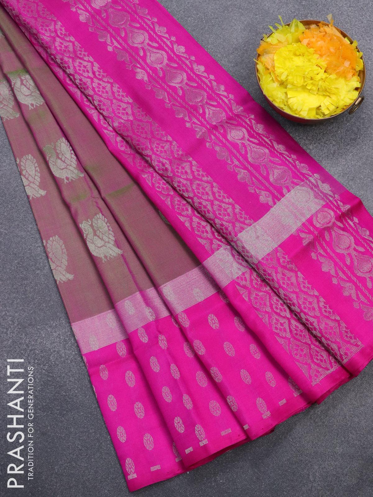 Pure uppada silk saree dual shade of pinkish green and pink with silver zari woven annam buttas and silver zari woven butta border