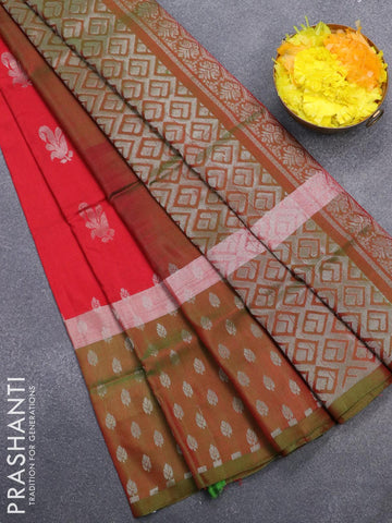 Pure uppada silk saree red and dual shade of green with silver zari woven buttas and silver zari woven butta border