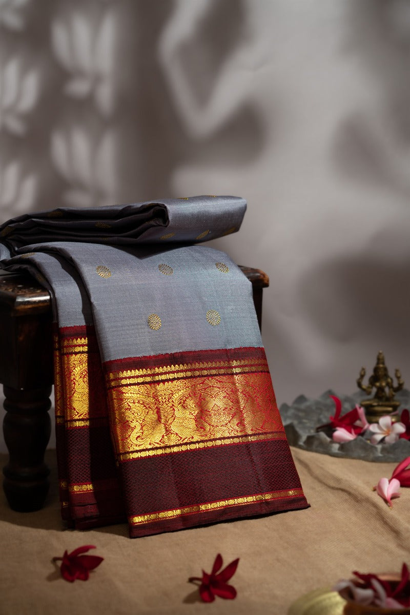Kancheepuram Silk Rudraksha Buttis Light Grey Saree