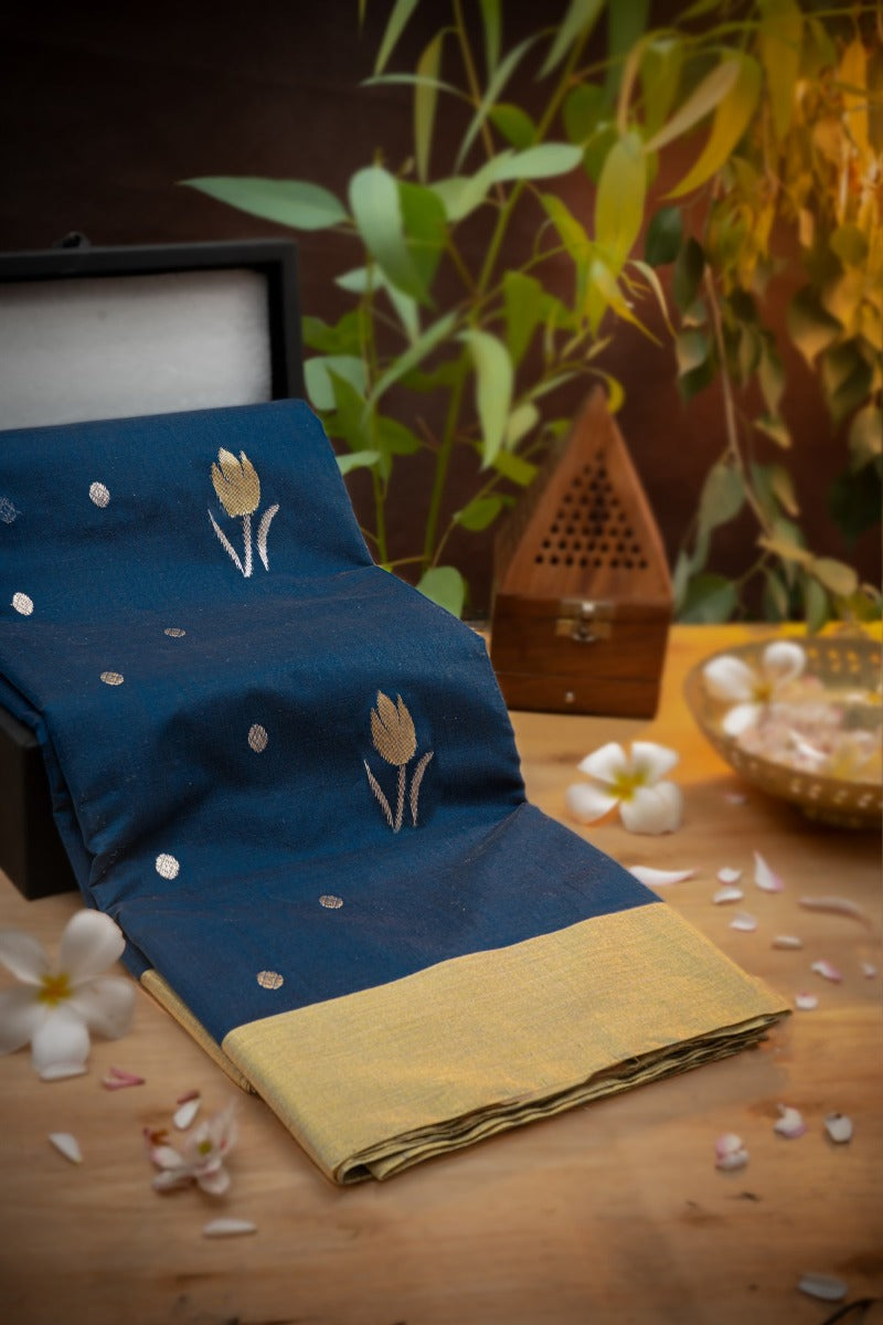 Chanderi Sico Motifs Peacock Blue Saree