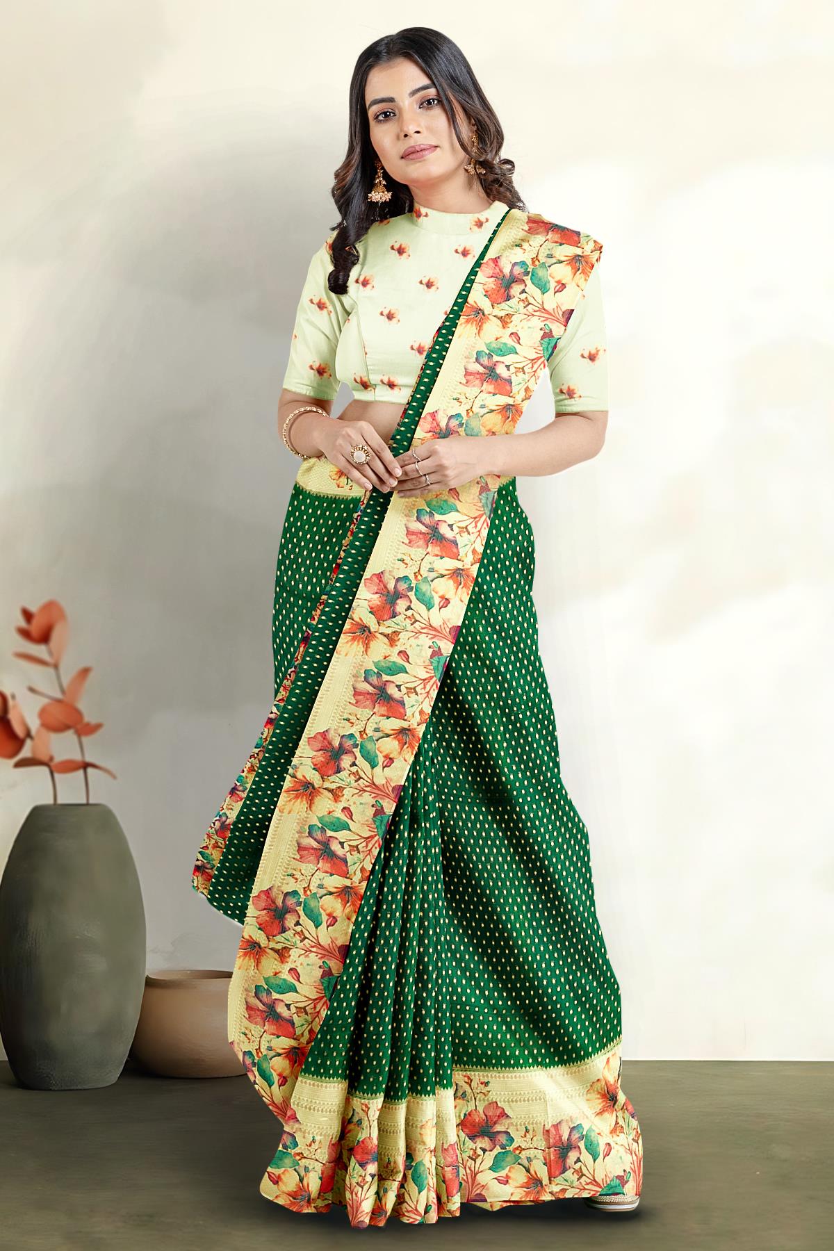 DARK GREEN and CREAM ZARI BUTTA VISCOSE GEORGETTE Saree with BANARASI