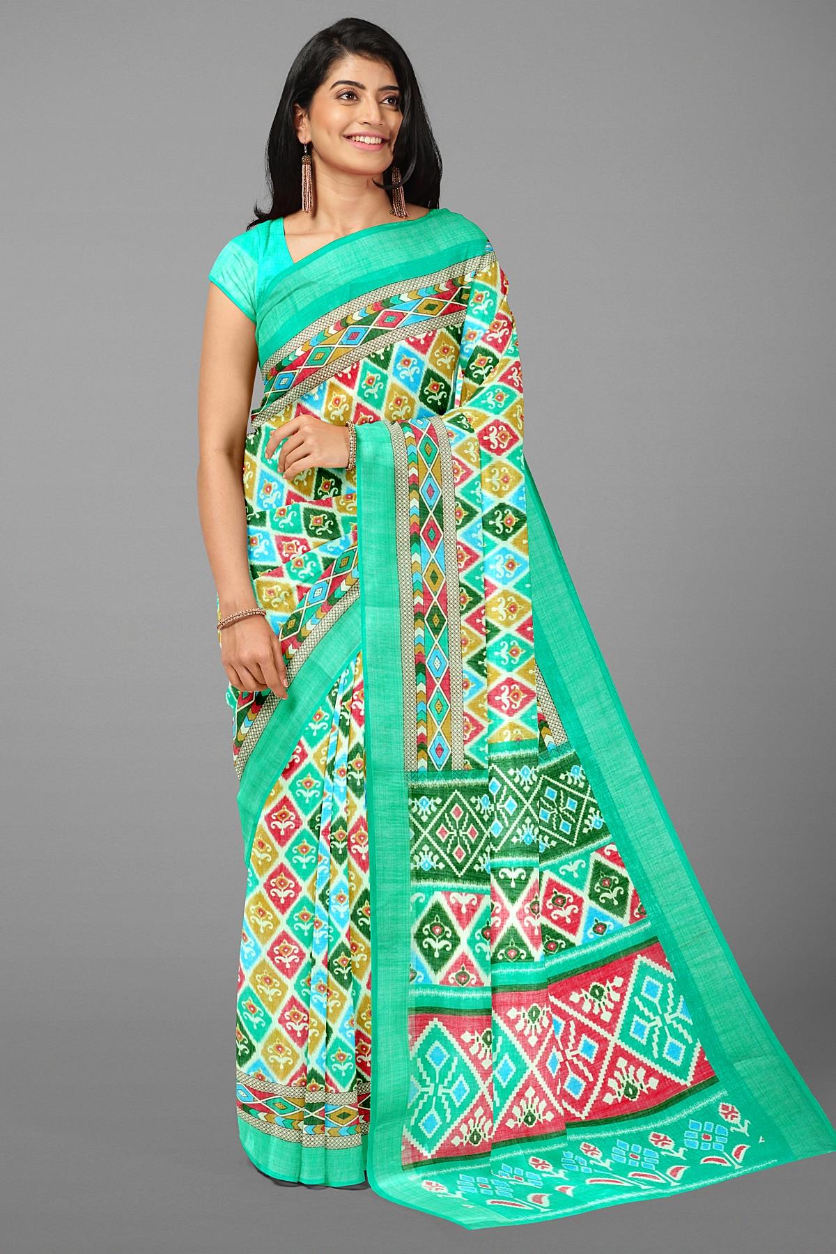 MULTI and SEA GREEN GEOMETRIC LINEN Saree with FANCY