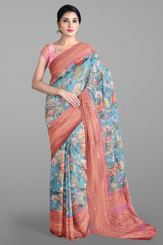 TURQUOISE BLUE and DUSTY PINK FLORALS BHAGALPURI SILK Saree with BANARASI FANCY