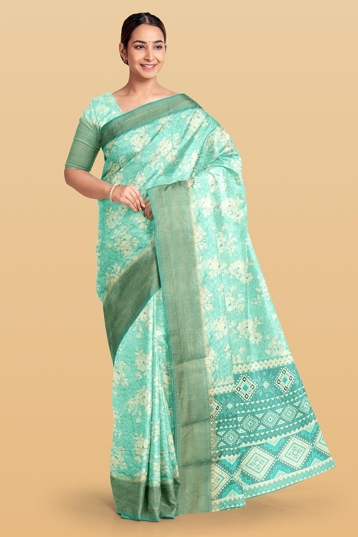 SEA GREEN and CREAM FLORALS SILK Saree with FANCY