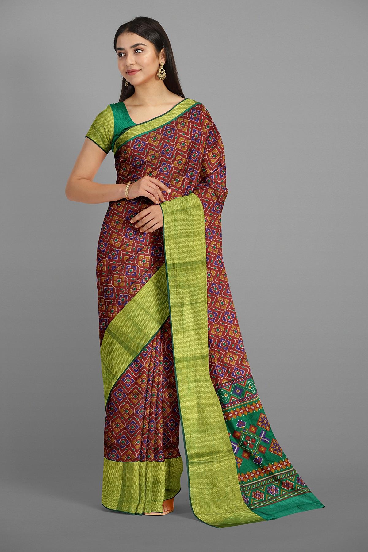 MAROON and MULTI IKKAT PRINT SILK Saree with IKAT