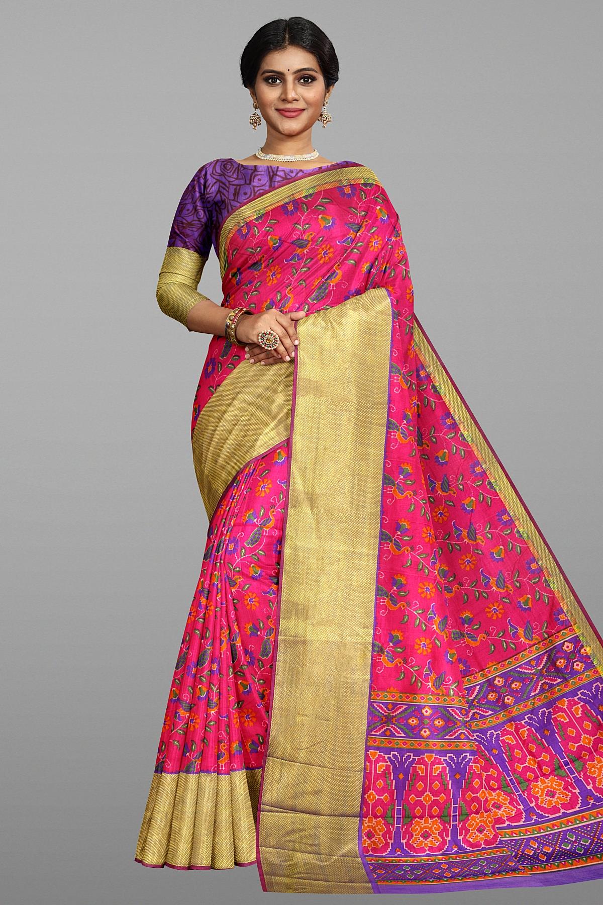 PINK and MULTI FLORAL JAAL SILK Saree with IKAT