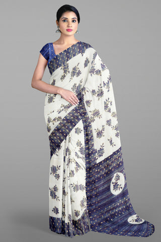 ROYAL BLUE and OFF WHITE FLORALS SILK Saree with FANCY