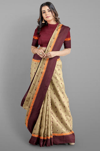 BEIGE and DARK MAROON PAISLEY SILK Saree with BANARASI FANCY