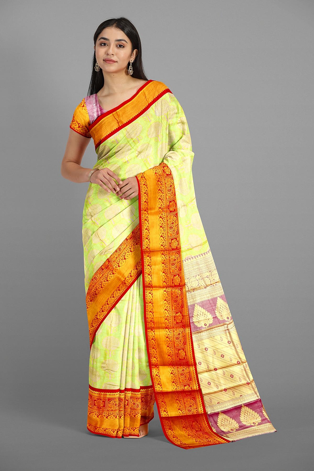 LIME GREEN and RED BROCADE SILK Saree with KANCHIPURAM