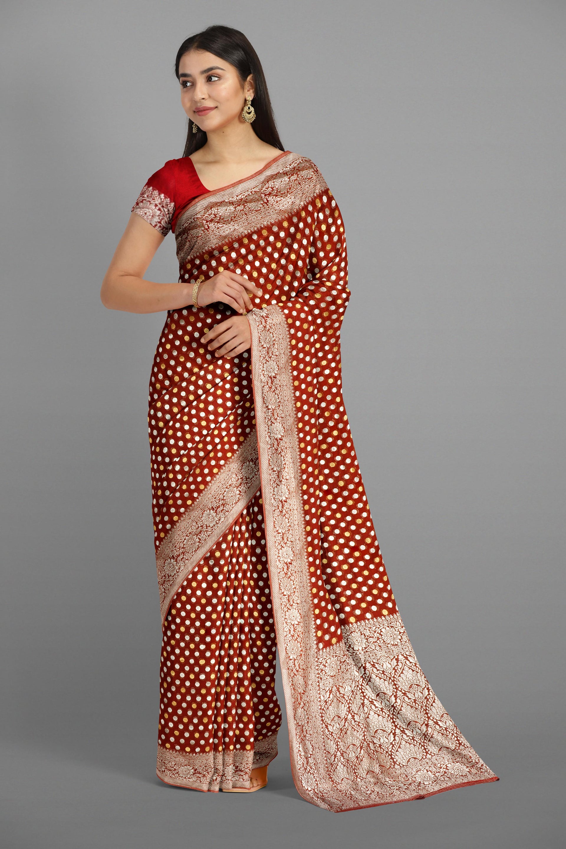 MAROON and SILVER ZARI BUTTA GEORGETTE Saree with BANARASI GEORGETTE