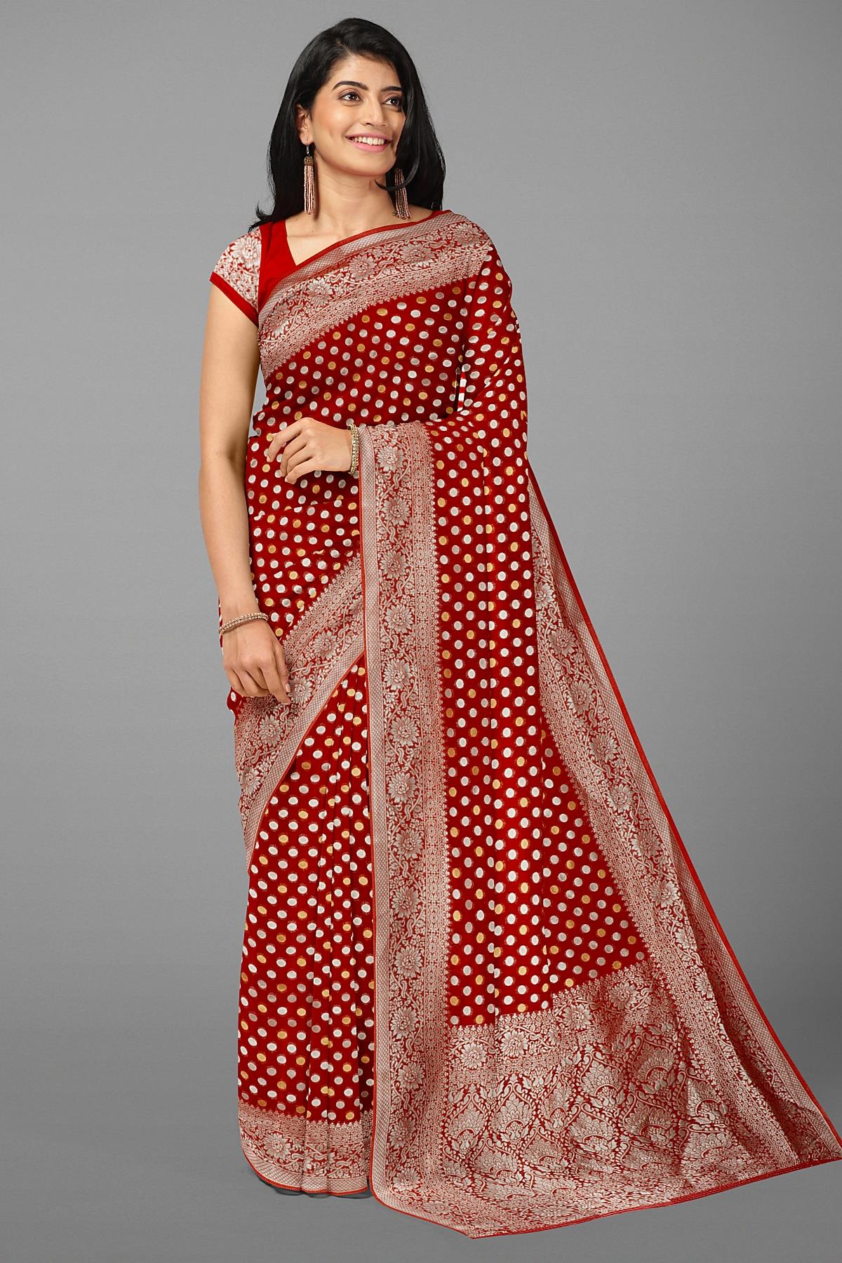 RUST and SILVER ZARI BUTTA GEORGETTE Saree with BANARASI GEORGETTE