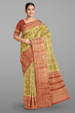 LIGHT OLIVE GREEN and MAROON CHECKS AND BUTTIS CHINIYA SILK Saree with BANARASI