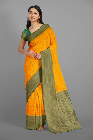 YELLOW and DARK GREEN BUTTIS VISCOSE SILK Saree with BANARASI FANCY