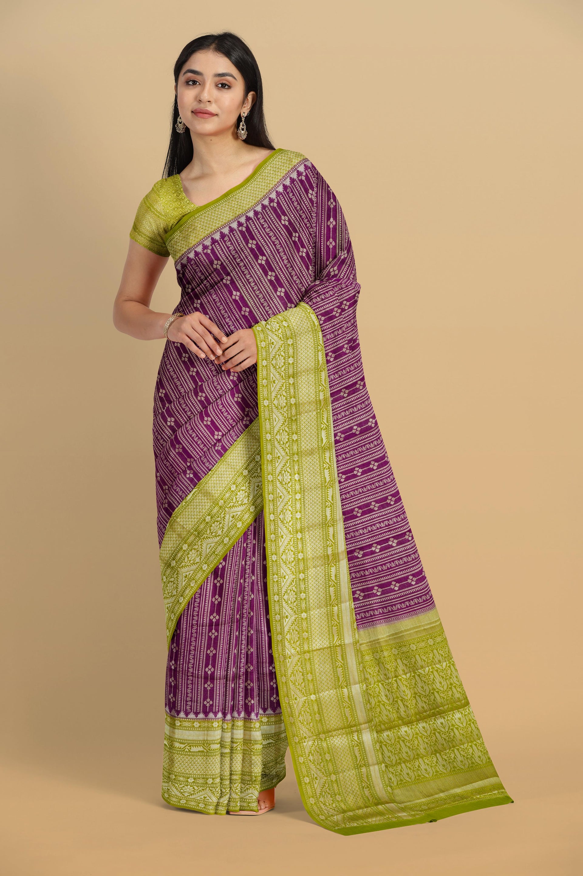 PURPLE and OLIVE GREEN JAAL KATHAN SILK Saree with BANARASI FANCY