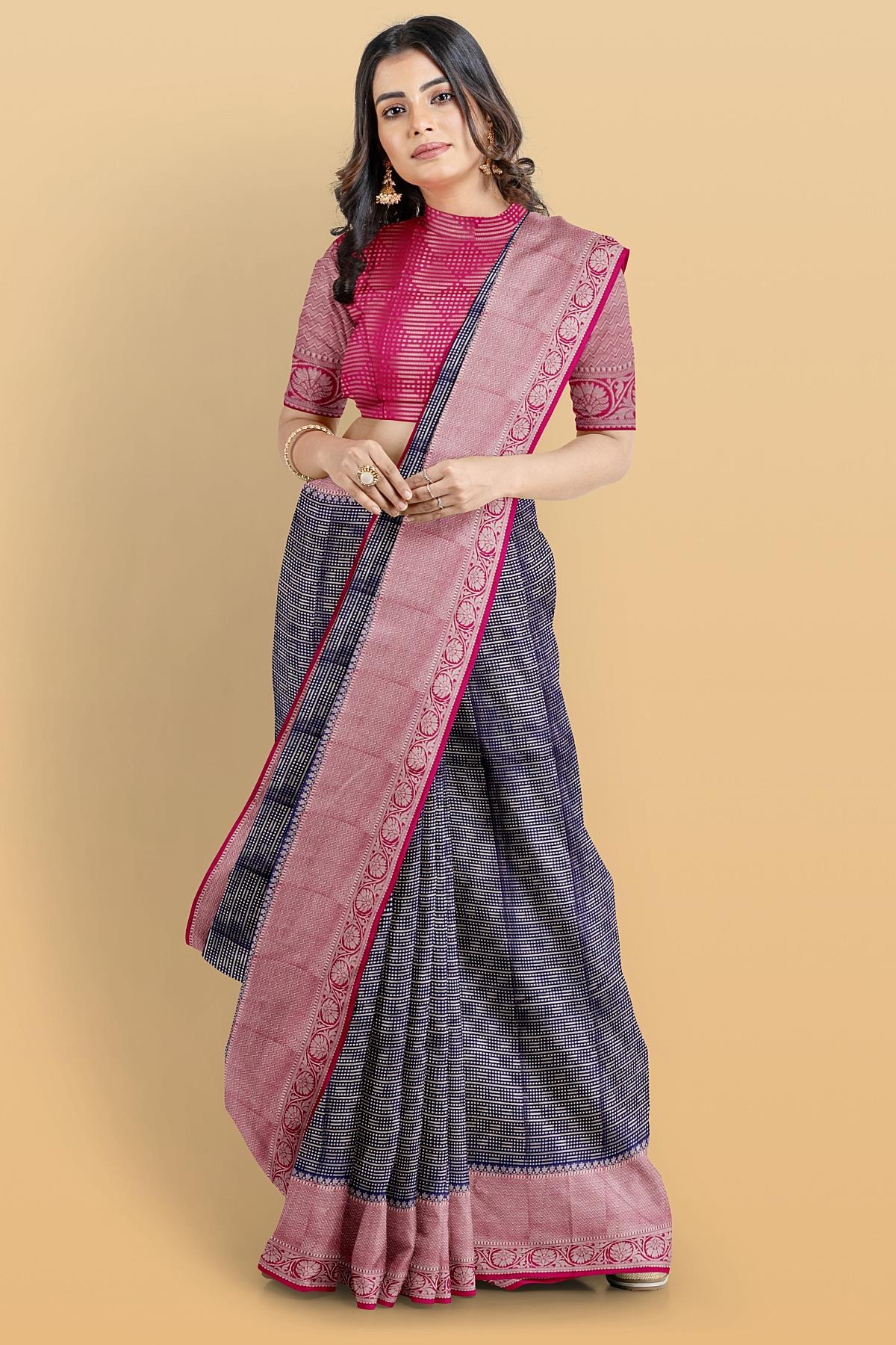 NAVY BLUE and MAGENTA BROCADE KATHAN SILK Saree with BANARASI FANCY