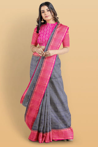 NAVY BLUE and MAGENTA JAAL KATHAN SILK Saree with BANARASI FANCY