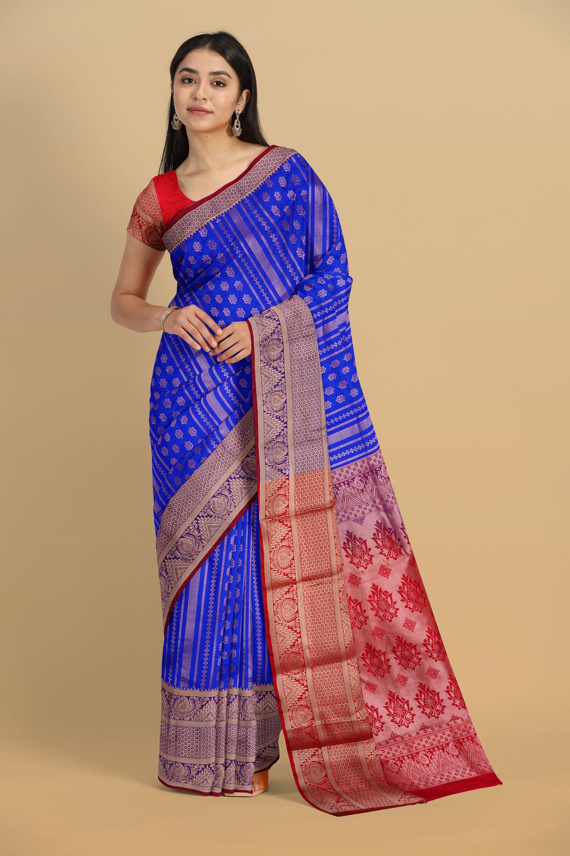 ROYAL BLUE and MAROON FLORAL BUTTIS SILK Saree with BANARASI FANCY