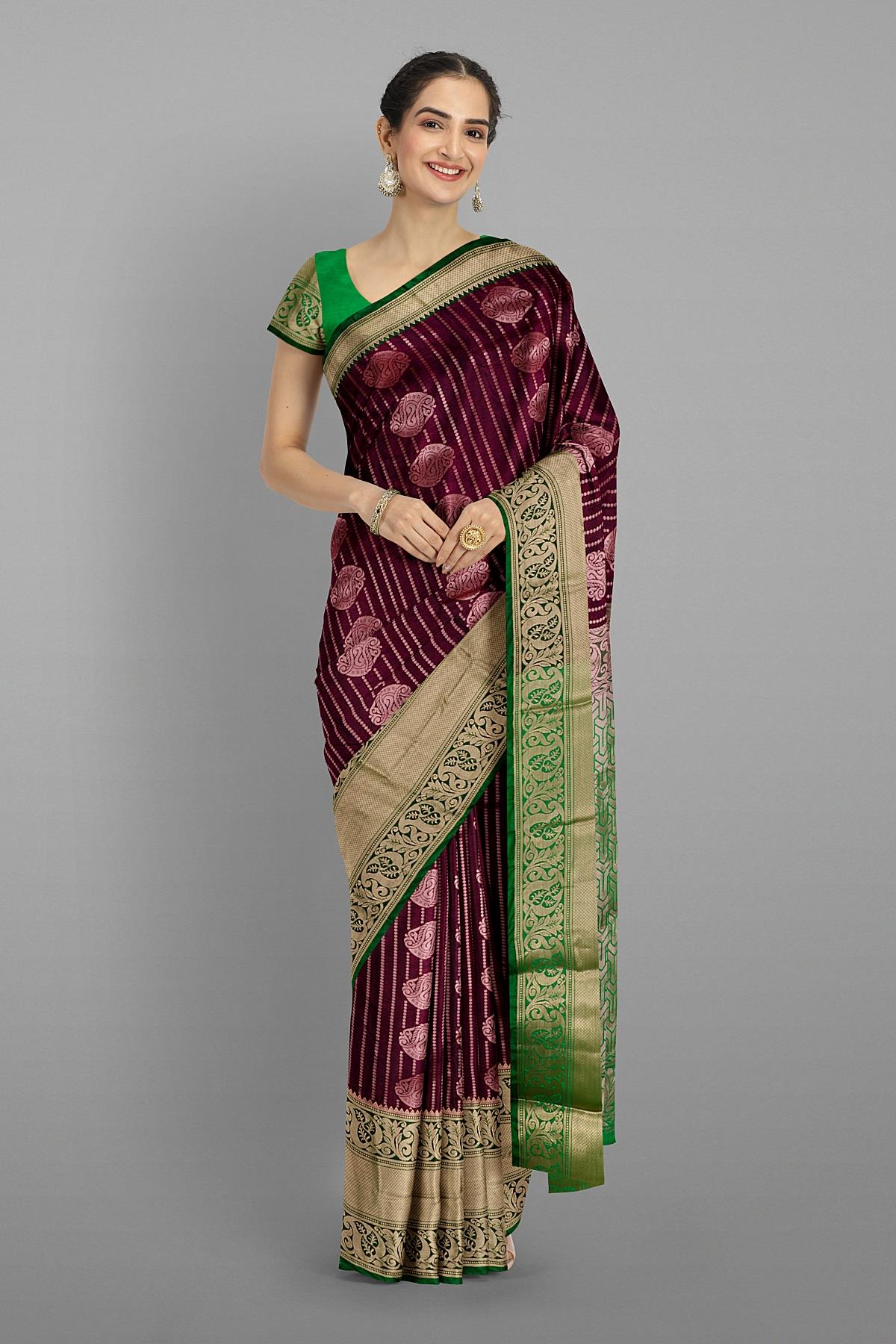 PURPLE and DARK GREEN FLORAL JAAL GEORGETTE Saree with FANCY