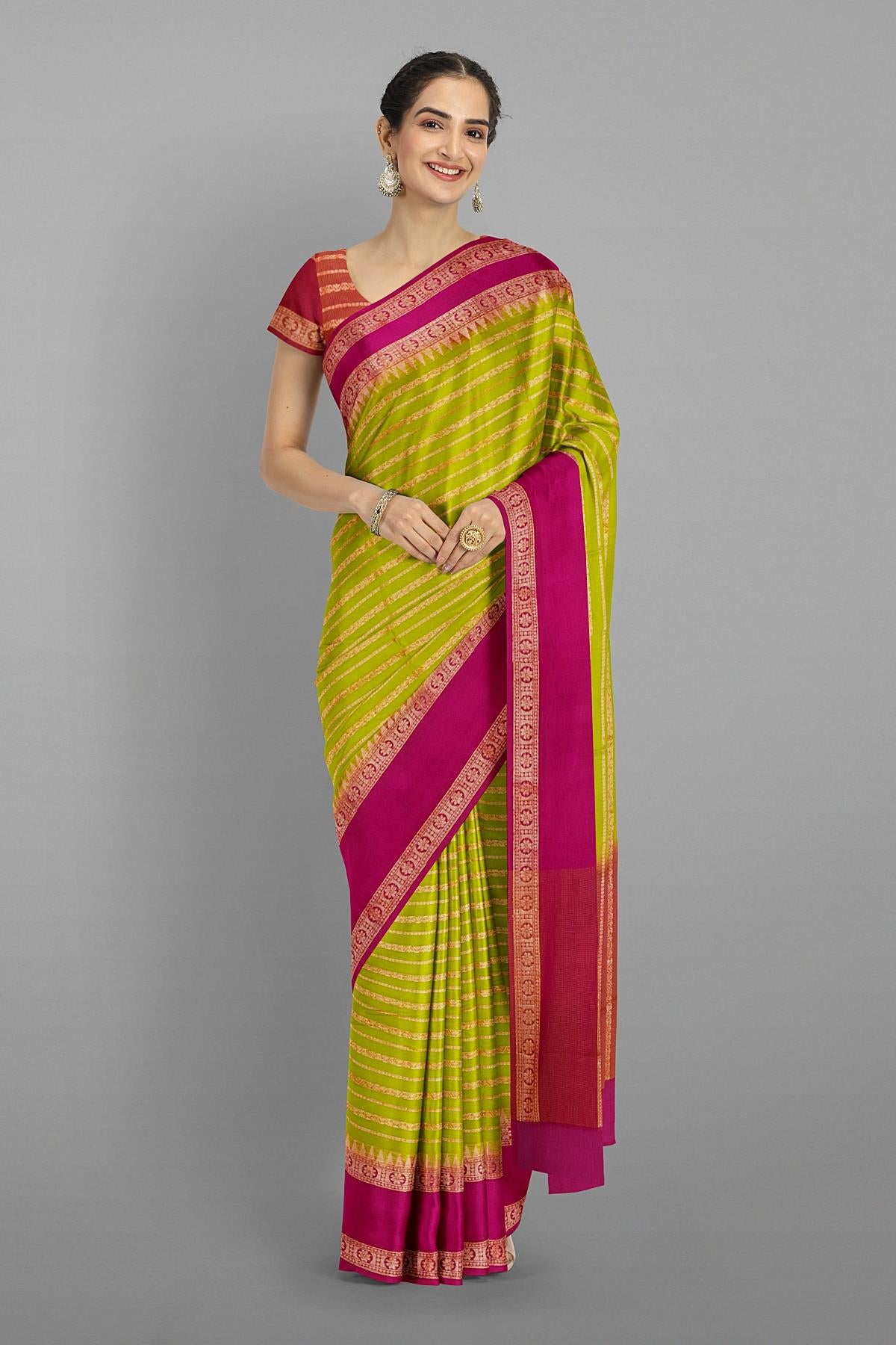 OLIVE GREEN and PURPLE JAAL SILK Saree with BANARASI FANCY