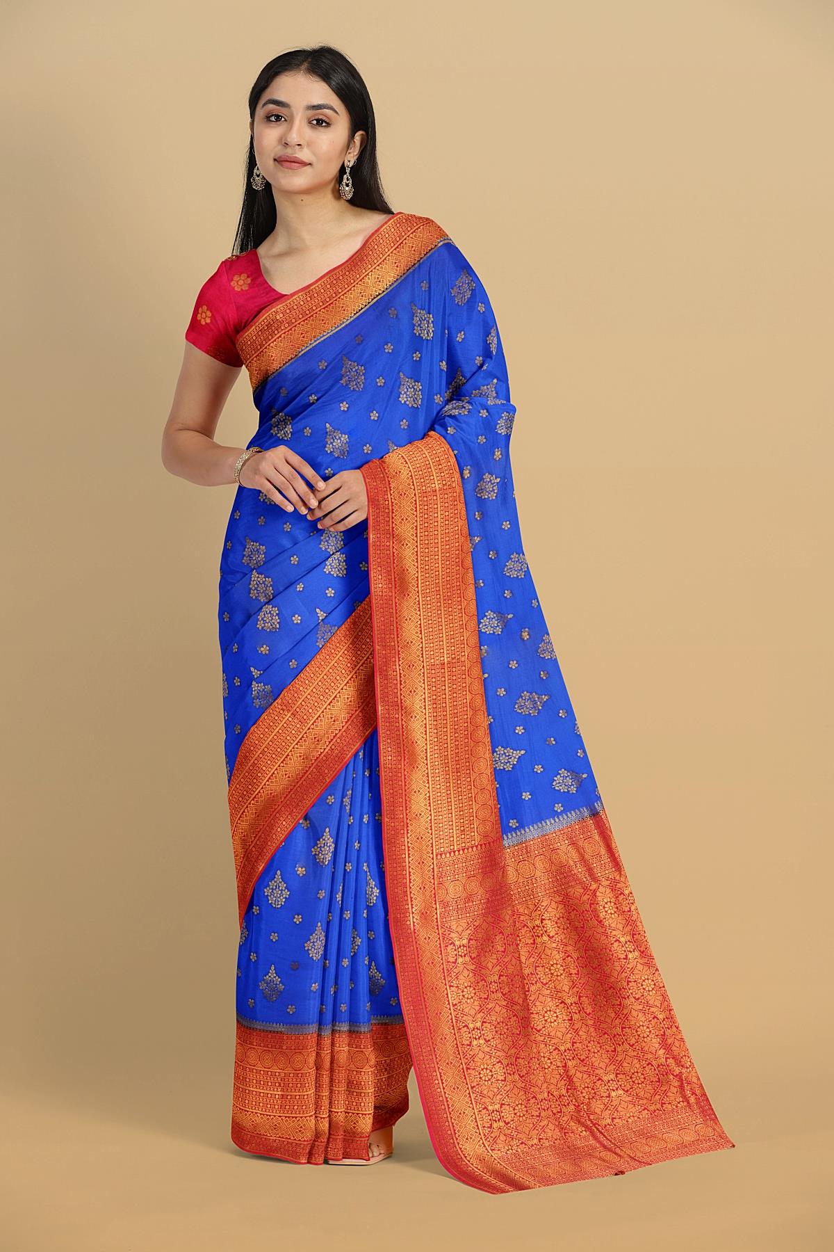 ROYAL BLUE and DARK PINK BUTTIS GEORGETTE Saree with BANARASI FANCY