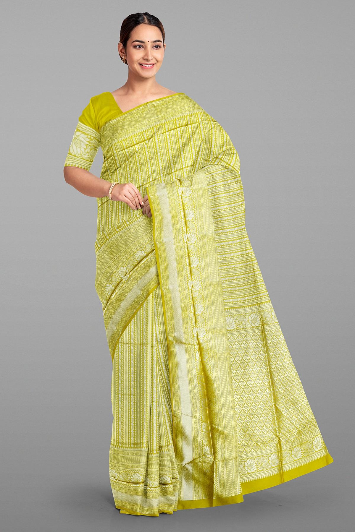 OLIVE GREEN and SILVER JAAL SILK Saree with BANARASI FANCY