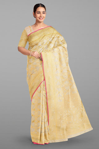 OFF WHITE and GOLD FLORAL JAAL SILK Saree with BANARASI