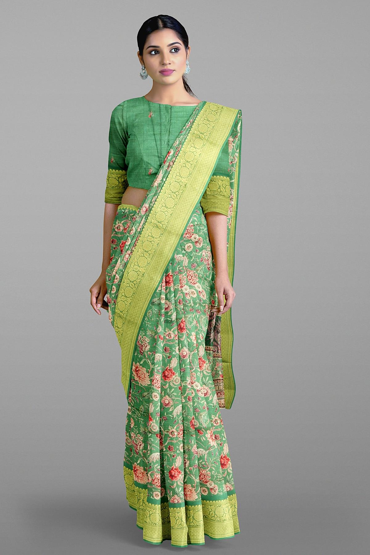 LIGHT OLIVE GREEN and MULTI FLORALS SILK Saree with FANCY