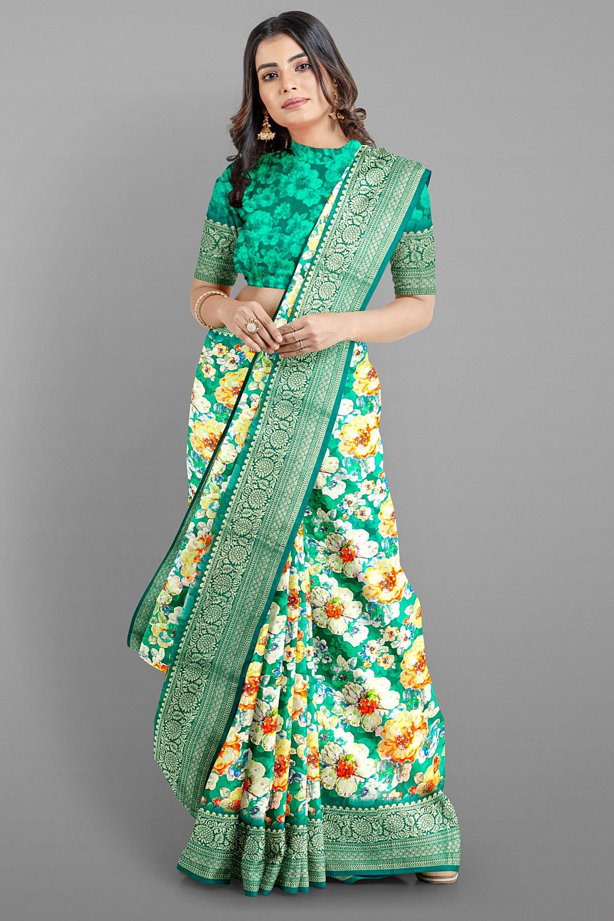 SEA GREEN and DARK BLUE FLORALS SILK Saree with FANCY